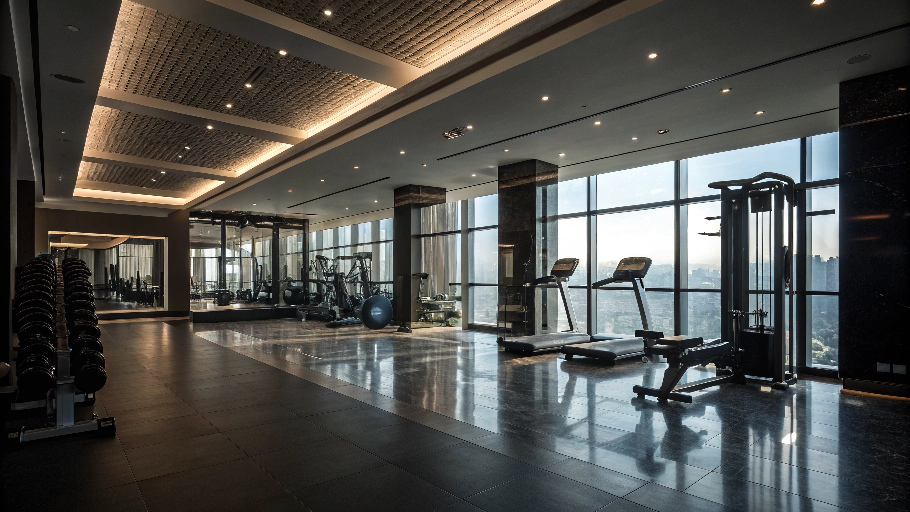 Premium gym setting with mountain view featuring athletic woman rowing and athletic man strength training